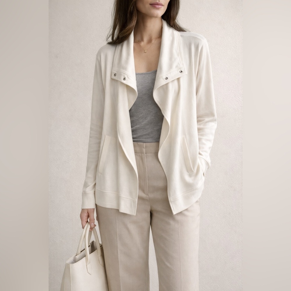 Travel Ready Cable & Gauge Ivory Draped Snap Cardigan